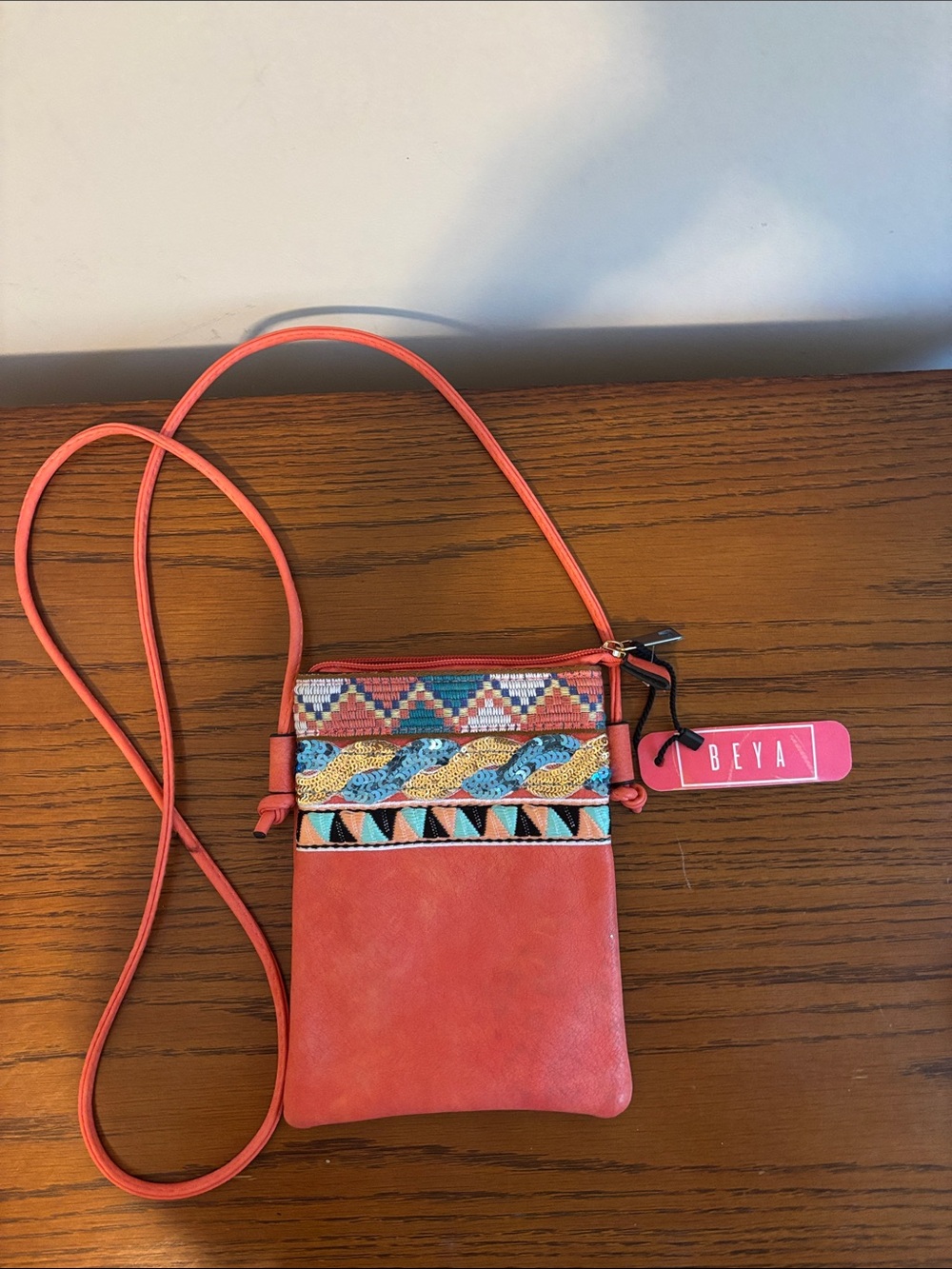 Beya Coral Crossbody Phone Bag with Embroidered Accent